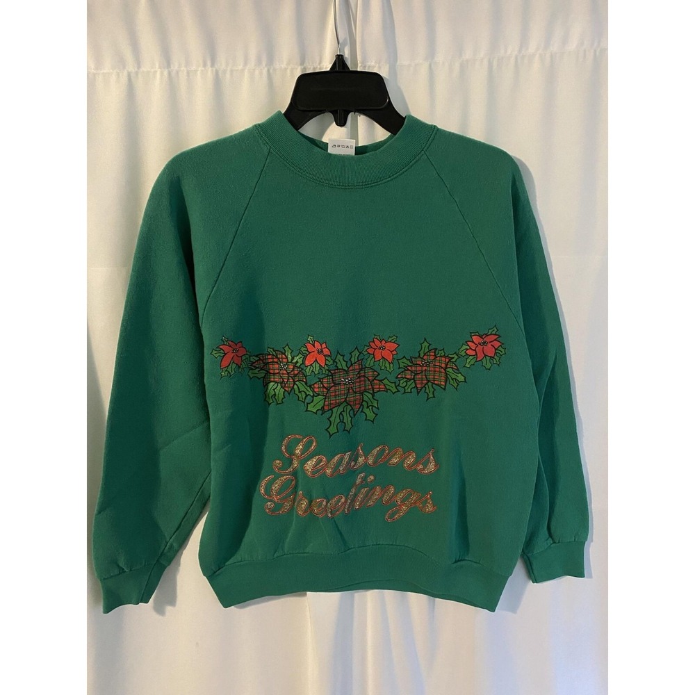 Vintage Seasons Greetings Poinsettia‎ Christmas Sweatshirt Medium Made in USA